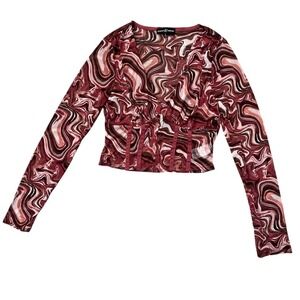 Vintage Almost Famous Y2K Corset Sheer Crop Maroon Top Size‎ L Artsy Boho Chic